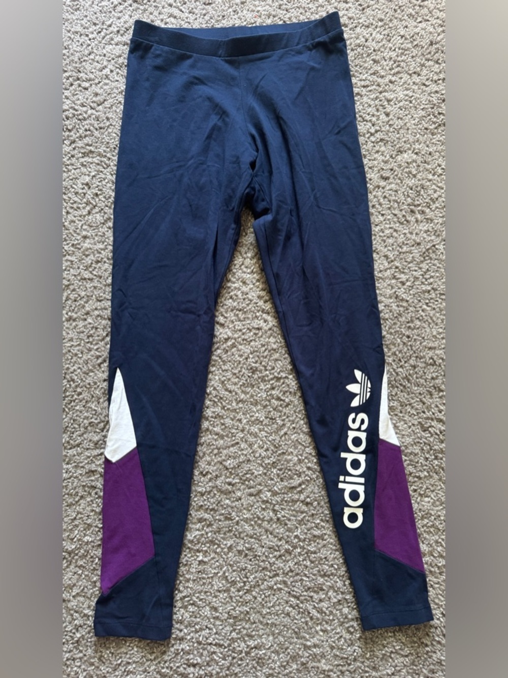 NWT-adidas Navy Leggings with White Logo and Purple Panels-Small